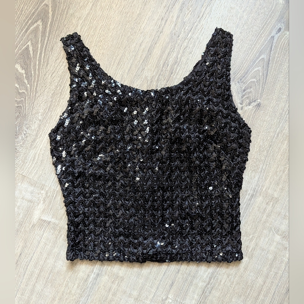 Vintage 60s Black Sequin Sleeveless Top Zip Back Size S/M